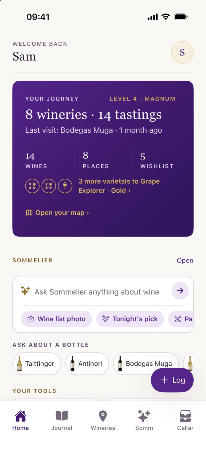 The Cork & Note home screen: your journey so far, an Ask Sommelier box and your tools.