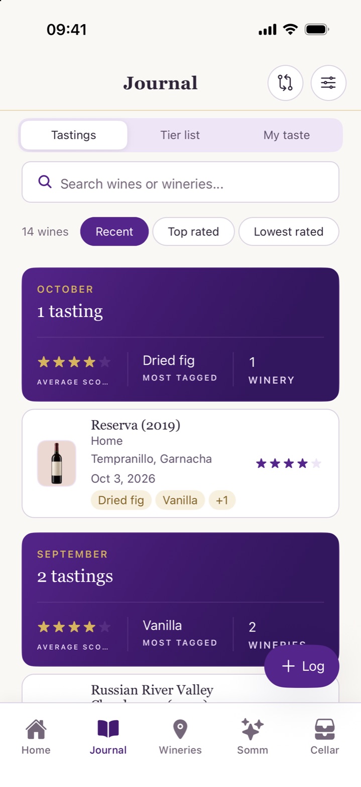 The Cork & Note Journal: tastings grouped by month with star ratings and flavor tags.