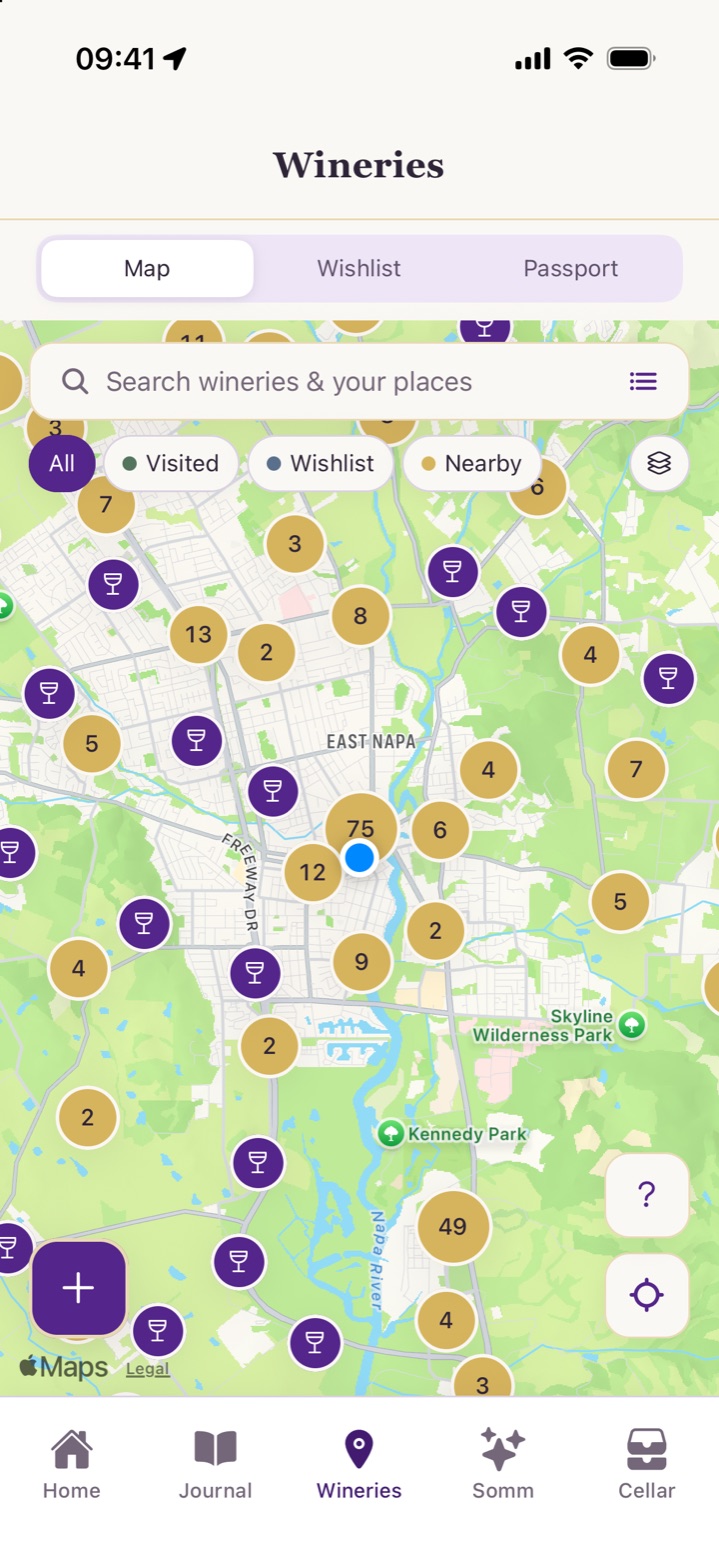 The Wineries map in Cork & Note, with clustered pins and filters for visited, wishlist and nearby.